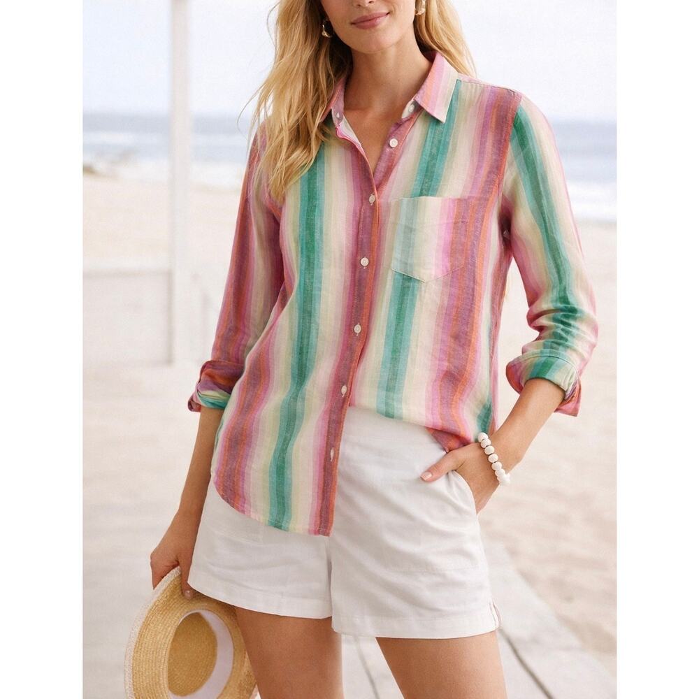 J.Crew Classic Fit Boy Linen Shirt Rainbow Stripe Button Down Size 6 Resort